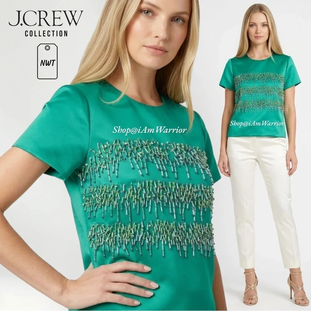 J.Crew Collection NWT Beaded Satin Top Teal Emerald Green Crystal Embellished